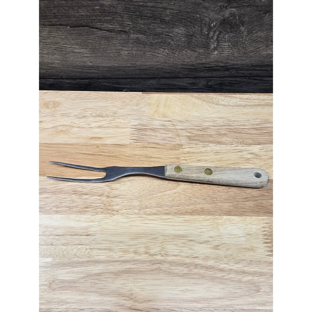 Vintage Stainless Steel USA Meat Carving Fork Wood Handle Brass Rivets 9.5 Inch